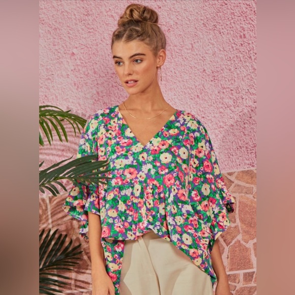 Emily Wonder Ruffled Multicolor Floral Boxy Blouse- 
size L, New Without Tags - Picture 3 of 8